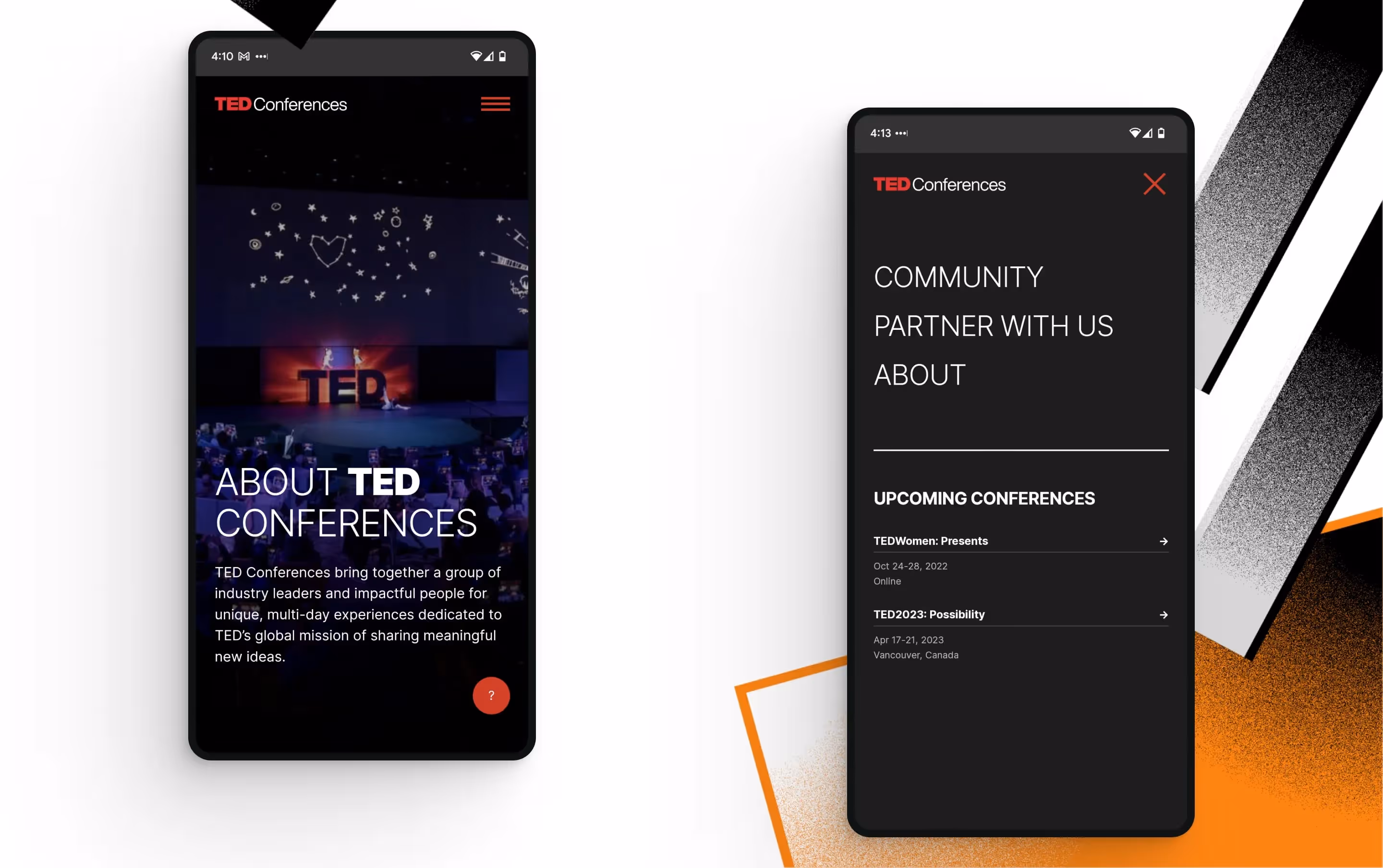 Two phone mockups of the TED conferences website