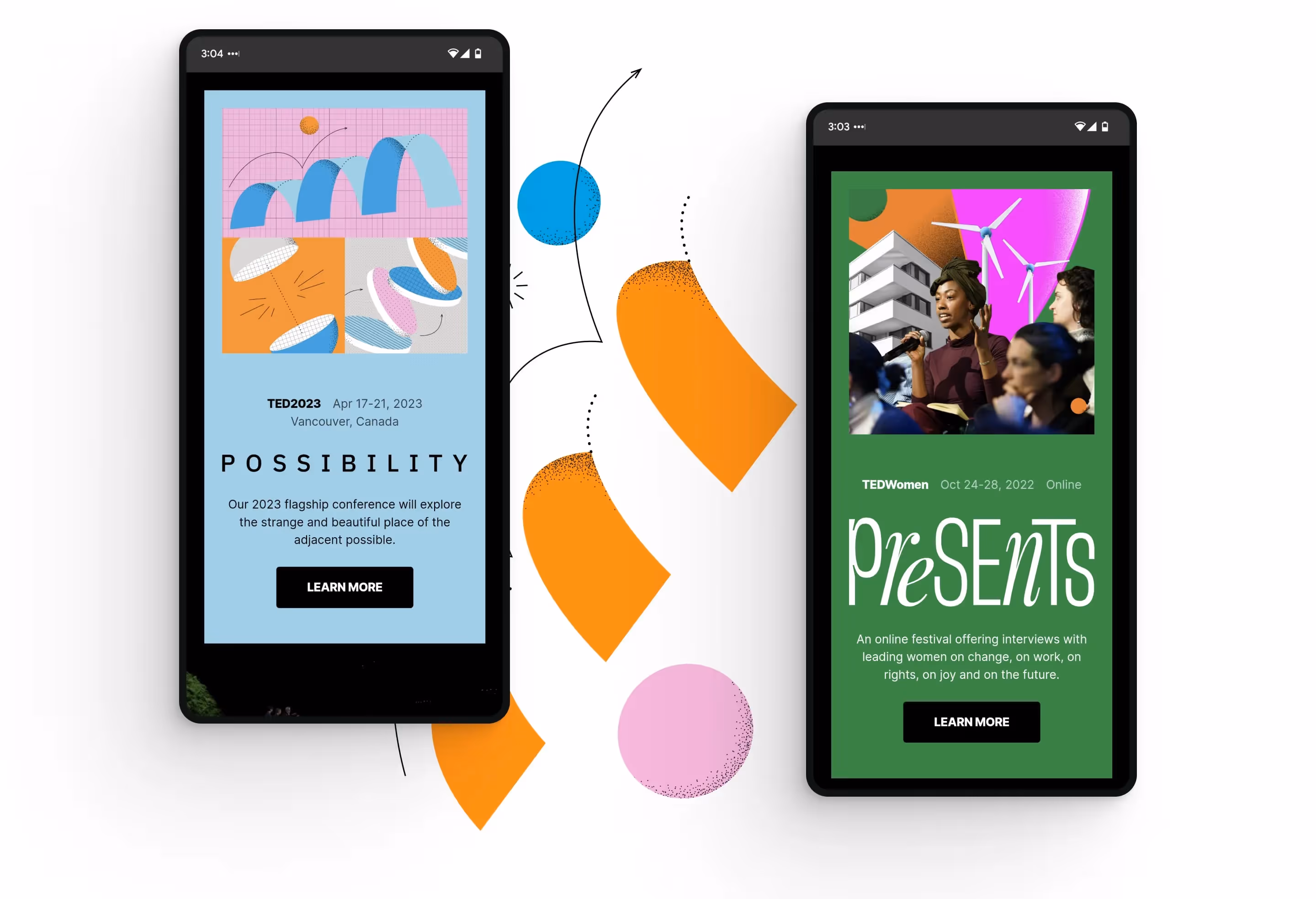 Two phone mockups of colorful conference pages on the TED conferences website