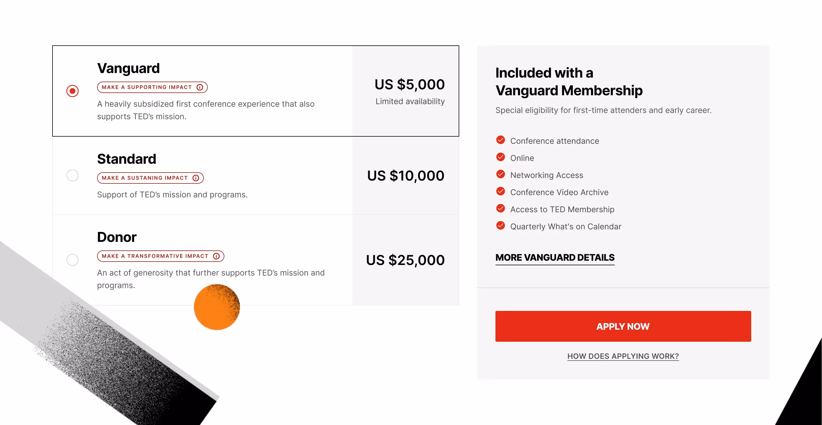 Screenshot of a pricing section on the TED conferences website
