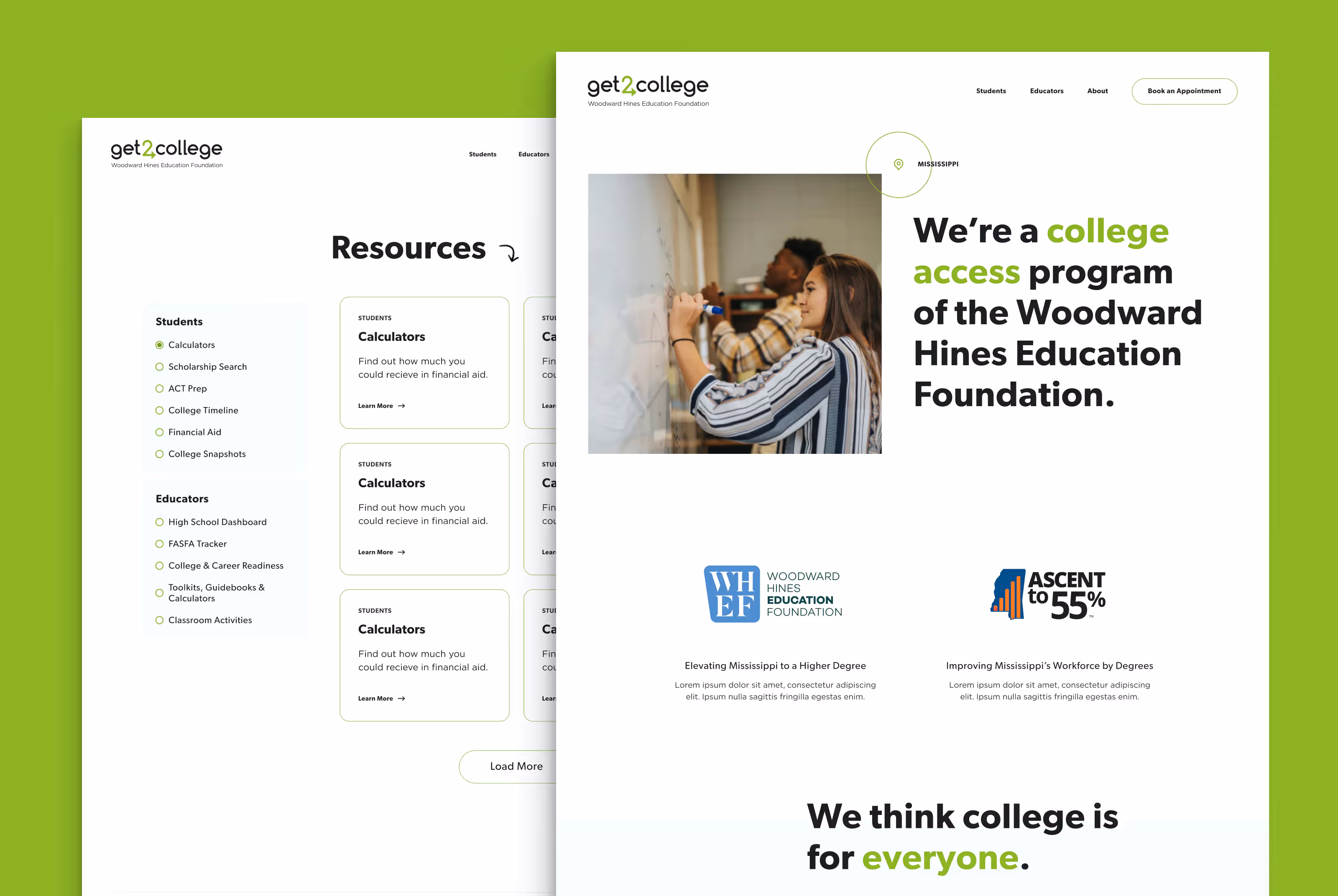 Two desktop mockups of the Get2College website
