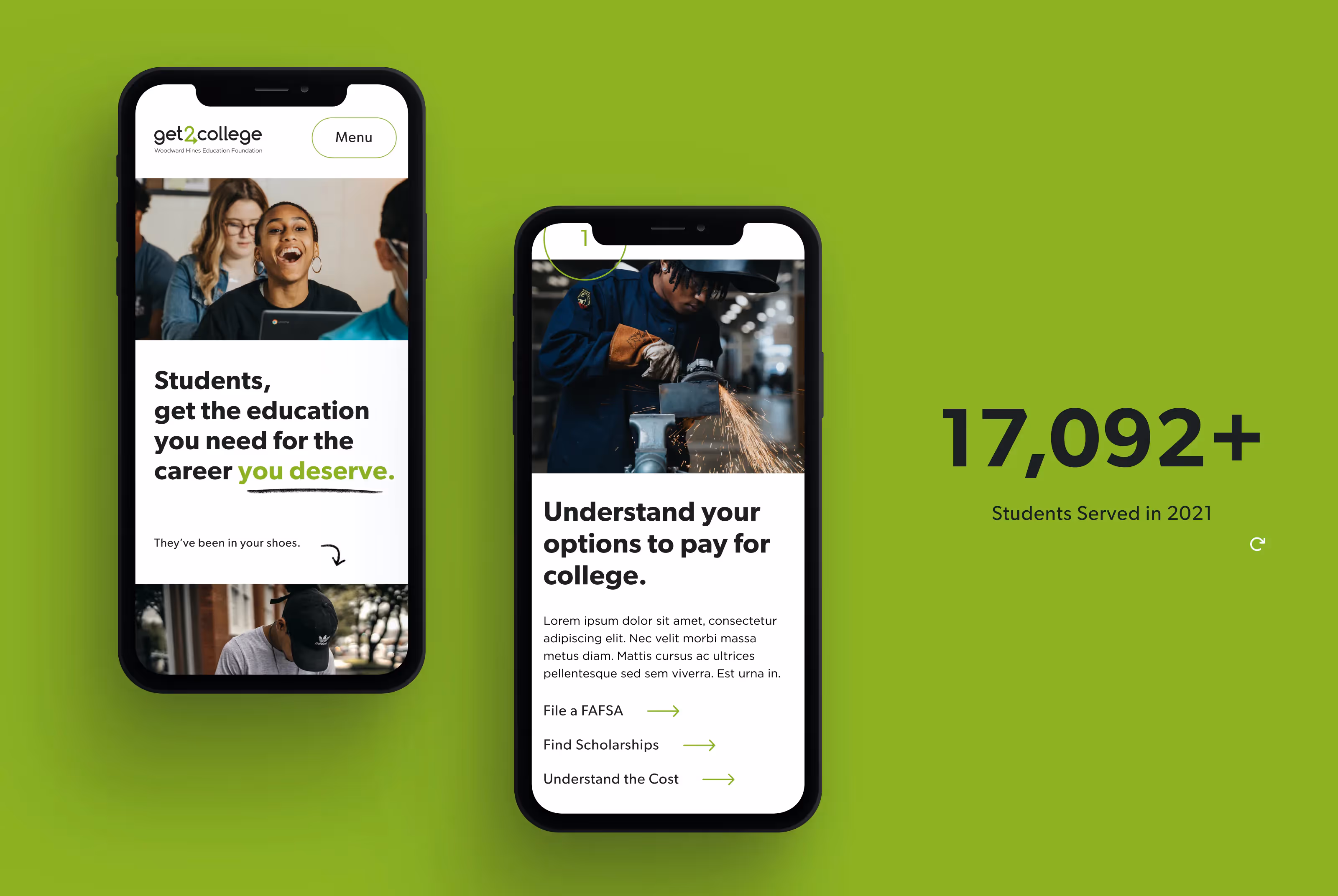 Two phone mockups of the Get2College website