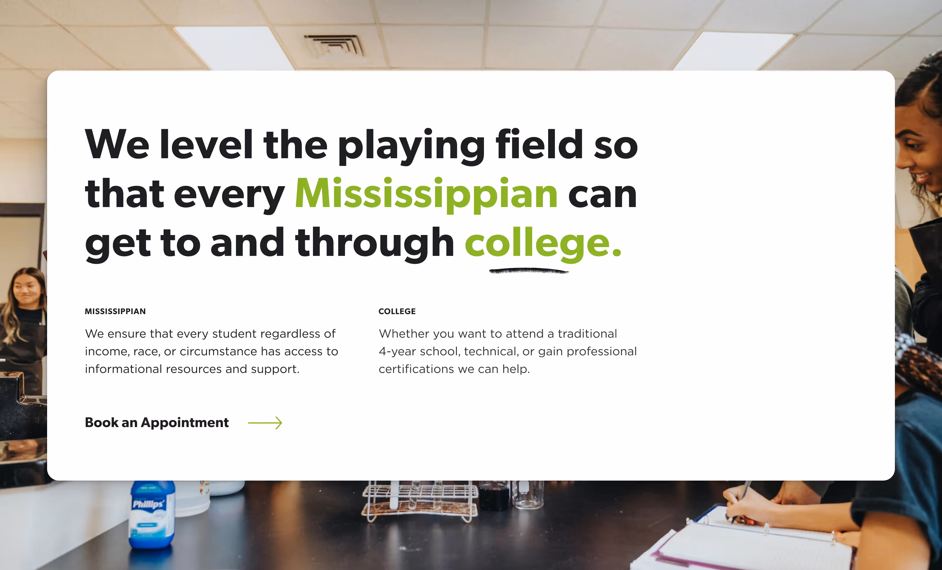 Content section on the Get2College website