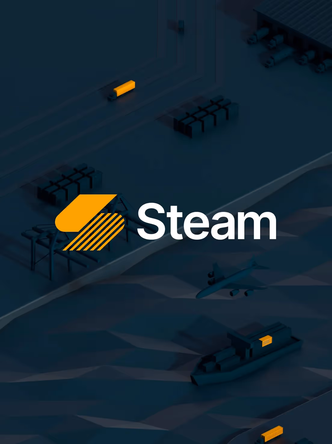 A 3d rendering of various transport vehicles including a container ship, semi-truck, and cargo plane.