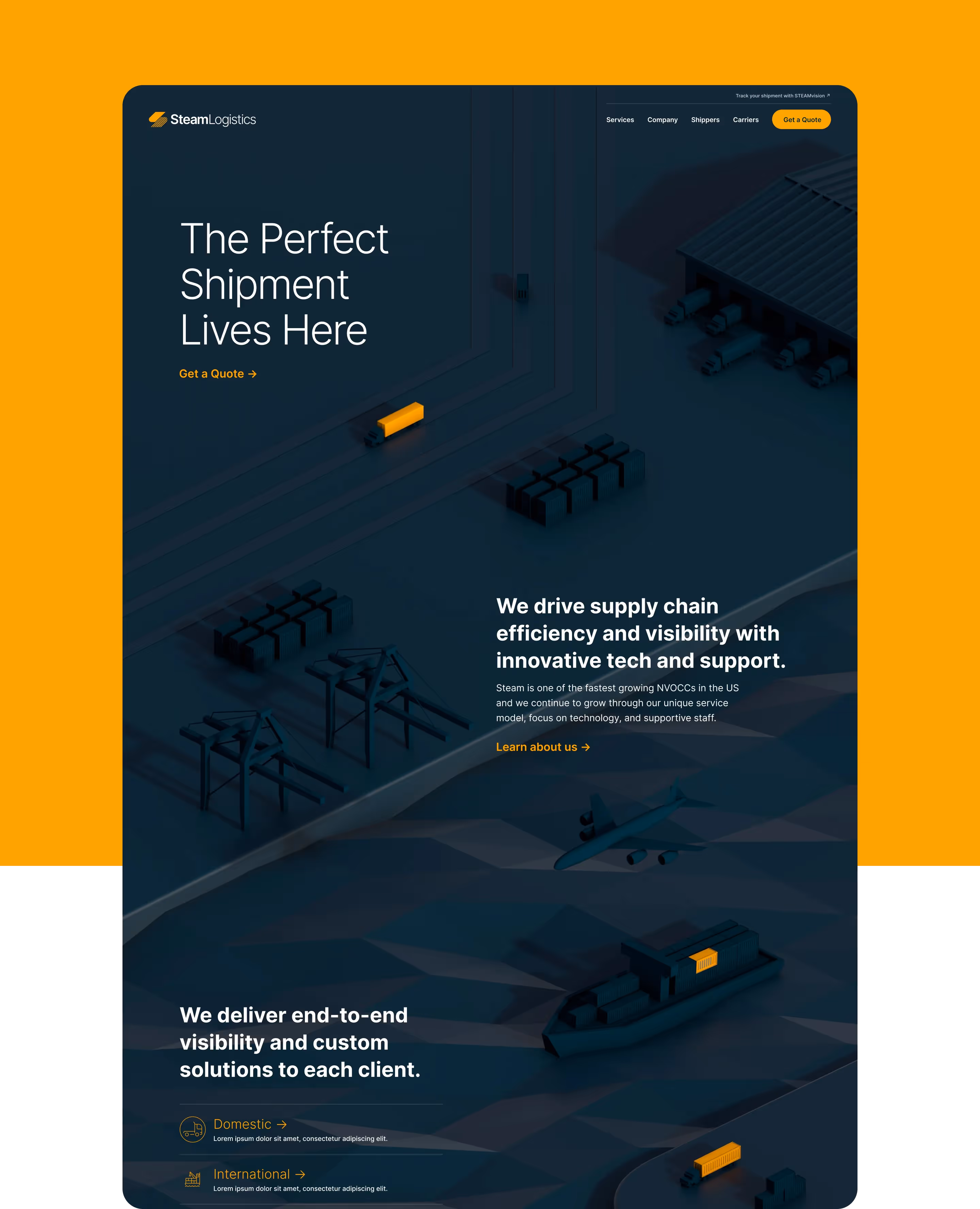 Two smartphone screens displaying Steam Logistics’ mobile interface, featuring a sleek design and text about leveraging networks and international logistics.