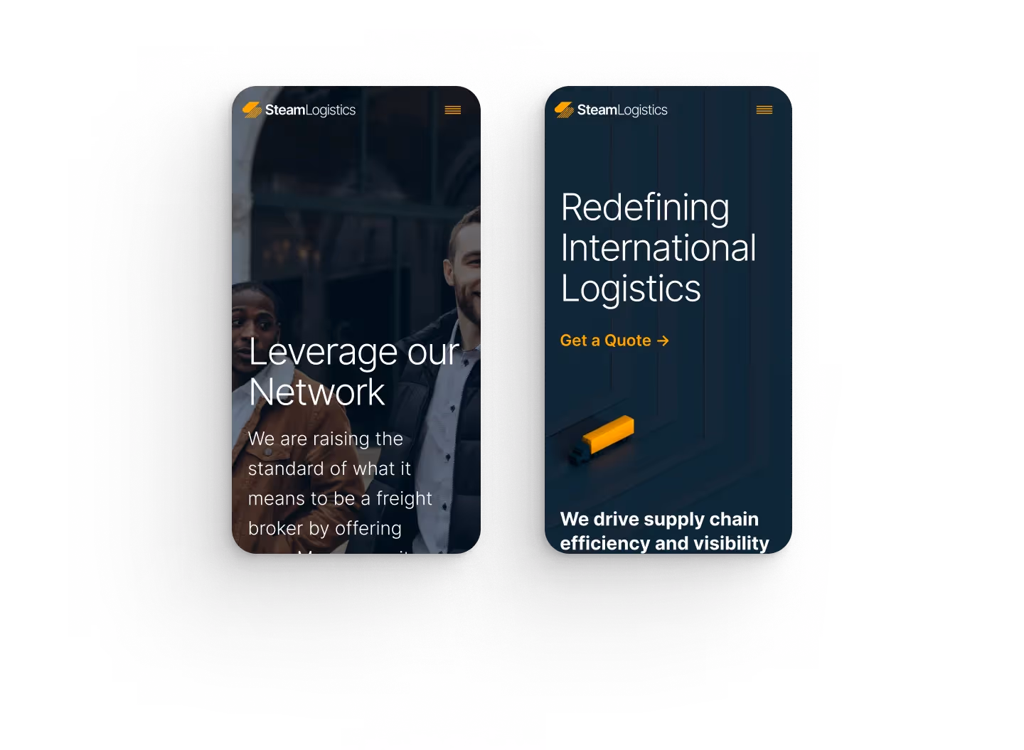 Two smartphone screens displaying Steam Logistics’ mobile interface, featuring a sleek design and text about leveraging networks and international logistics.