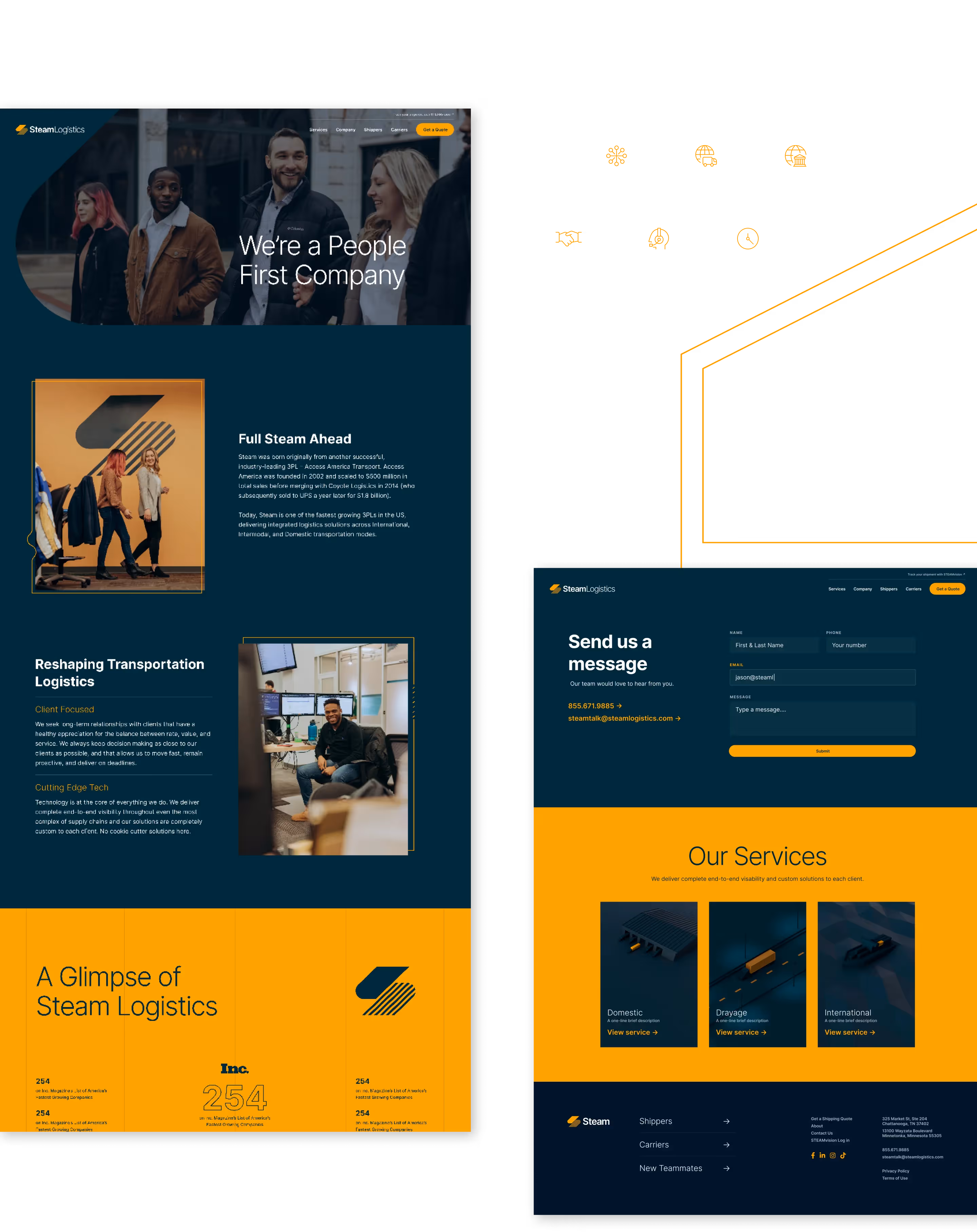 A webpage layout for Steam Logistics with a dark blue and yellow color scheme, highlighting the company’s services and contact options.