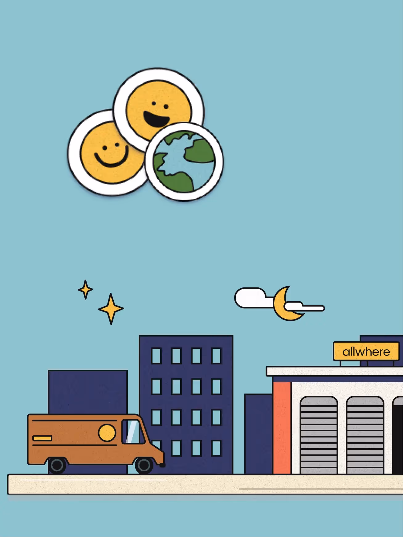 An illustrated mascot of a package with legs running around a globe.
