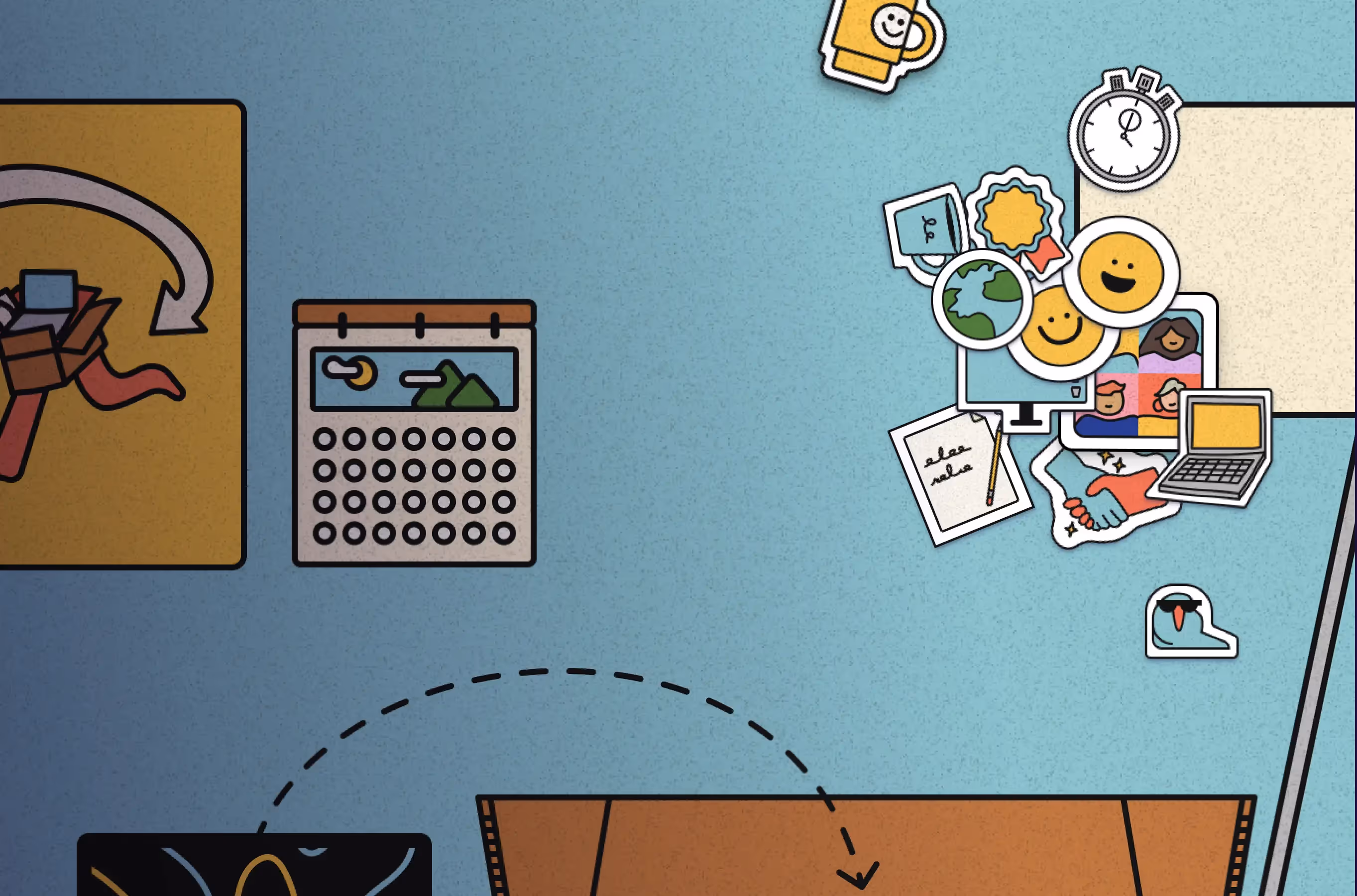 An illustrated mascot of a package with legs running around a globe.