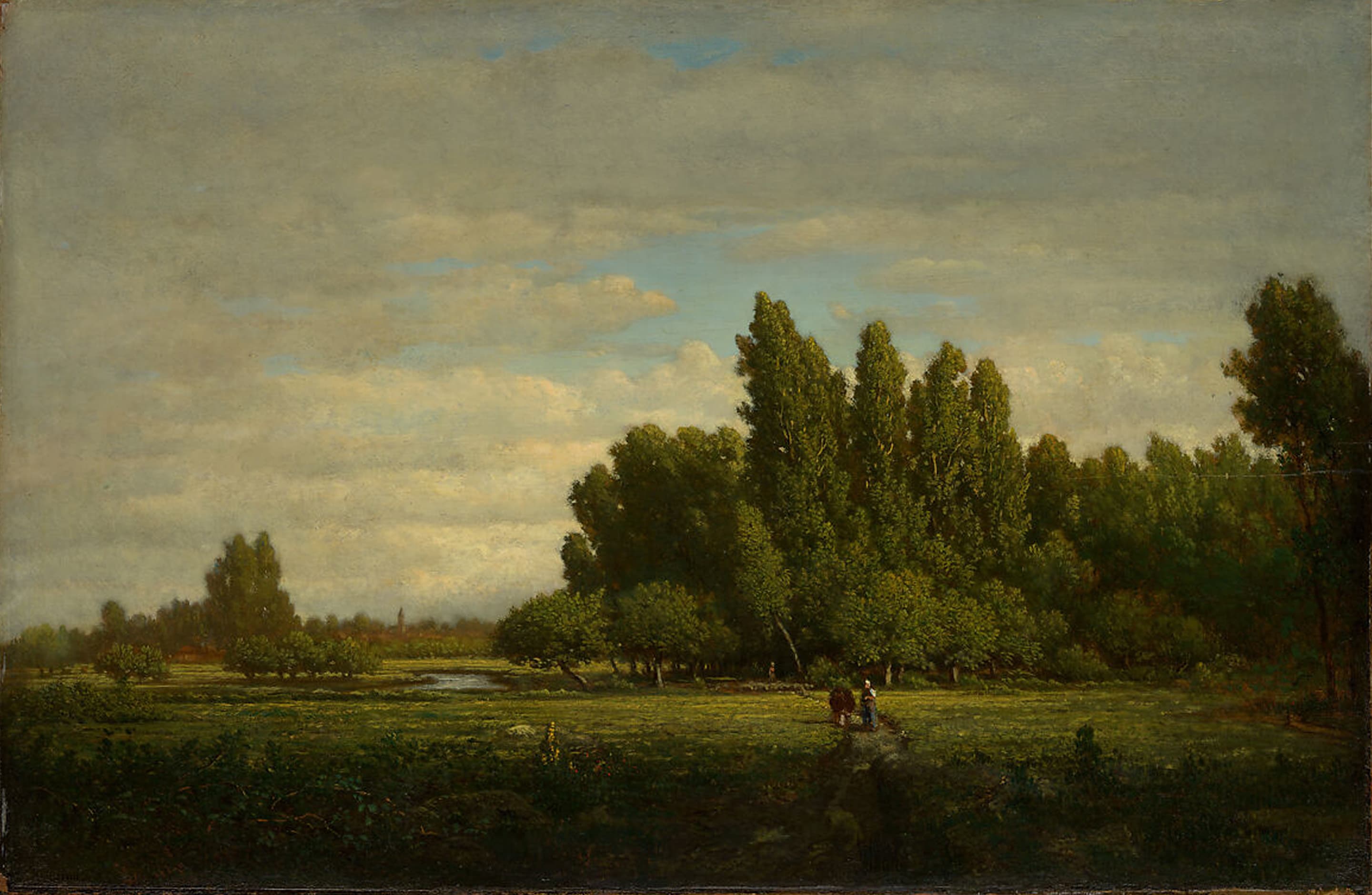 A beautiful painting of people outside in grass near open water.