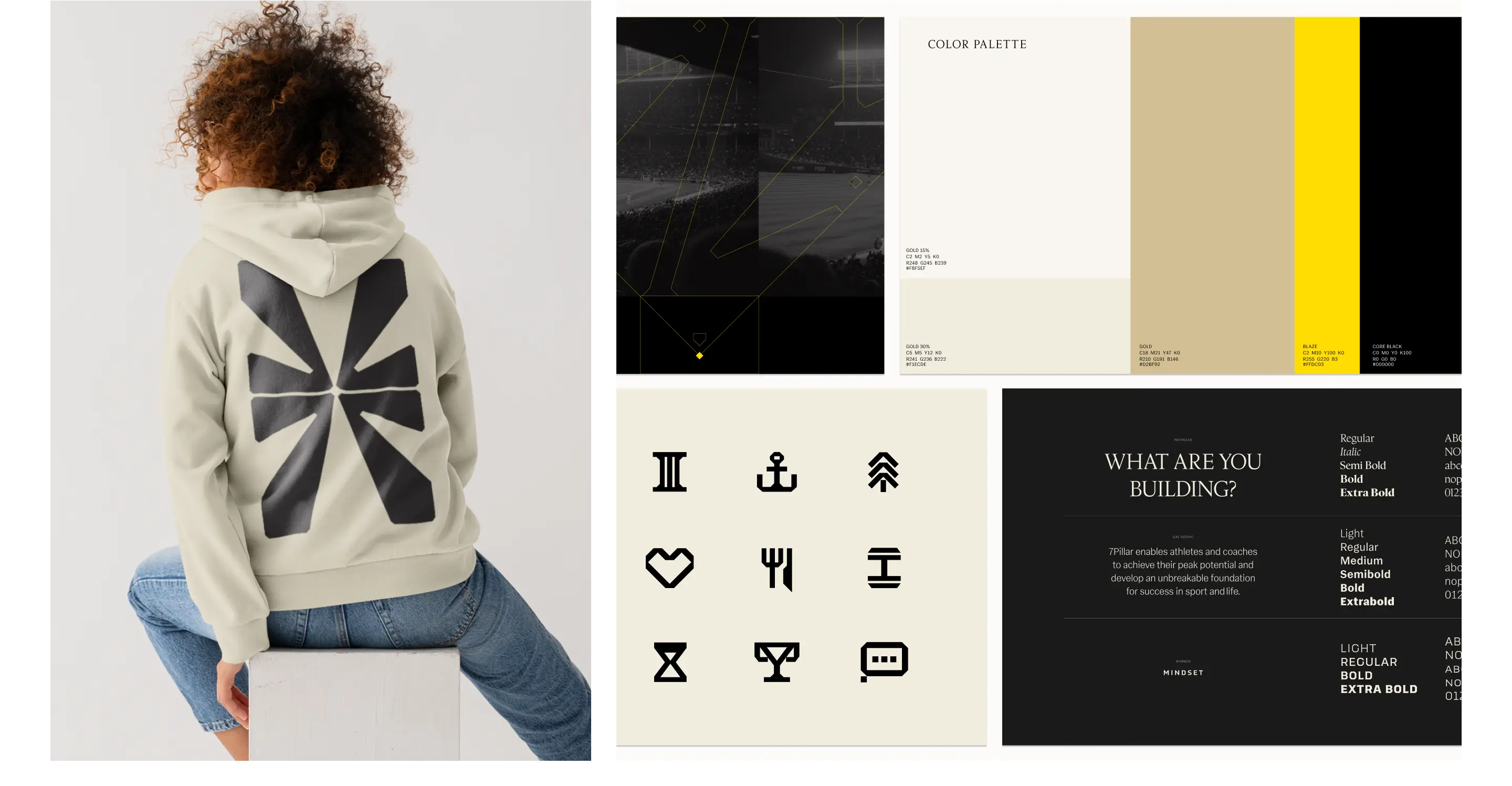 7Pillar brand application across merchandise and marketing materials emphasizing character formation over fitness alone