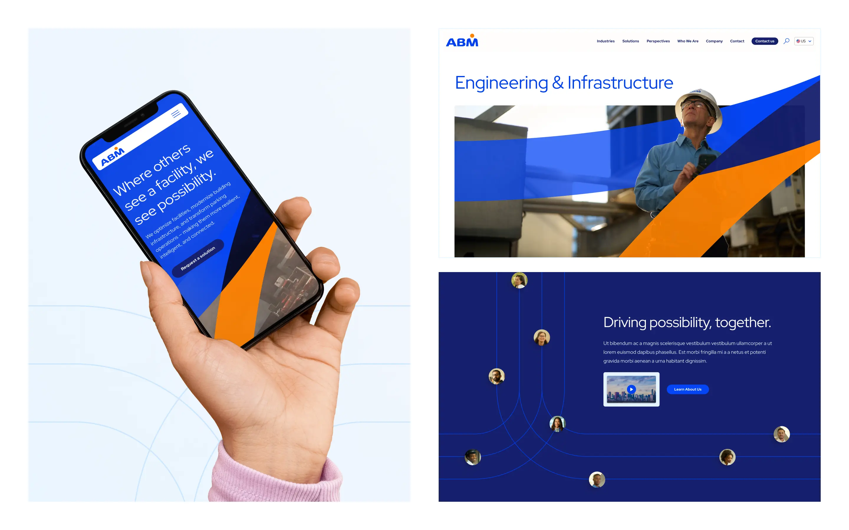 ABM modular digital experience showcasing targeted narratives across aviation, education, healthcare, and commercial real estate sectors