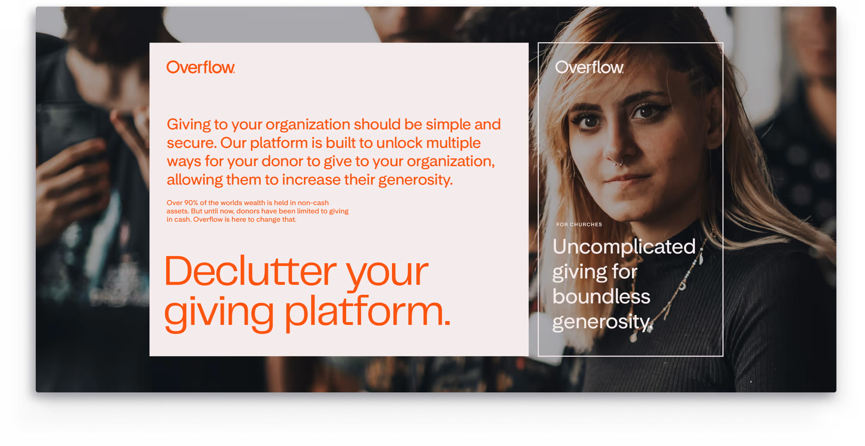 Overflow FinTech brand positioning emphasizing purpose-driven technology connecting generous intentions with effortless action for greater good