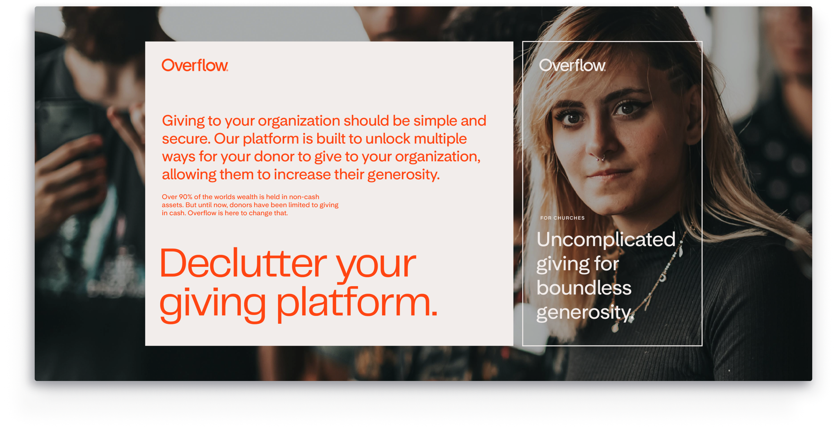 Overflow FinTech brand positioning emphasizing purpose-driven technology connecting generous intentions with effortless action for greater good