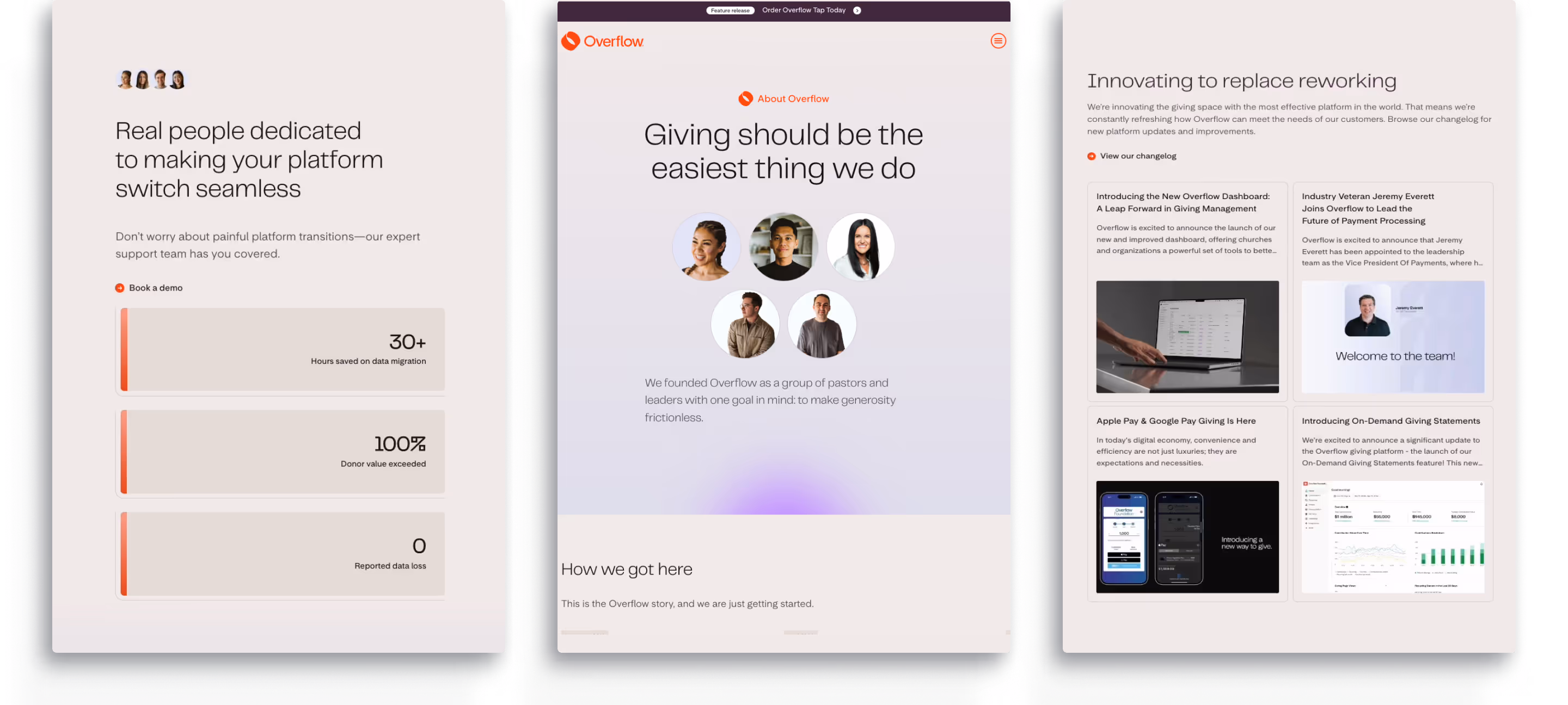 Overflow user experience design emphasizing seamless generosity across cash, crypto, stock, and complex asset donation types
