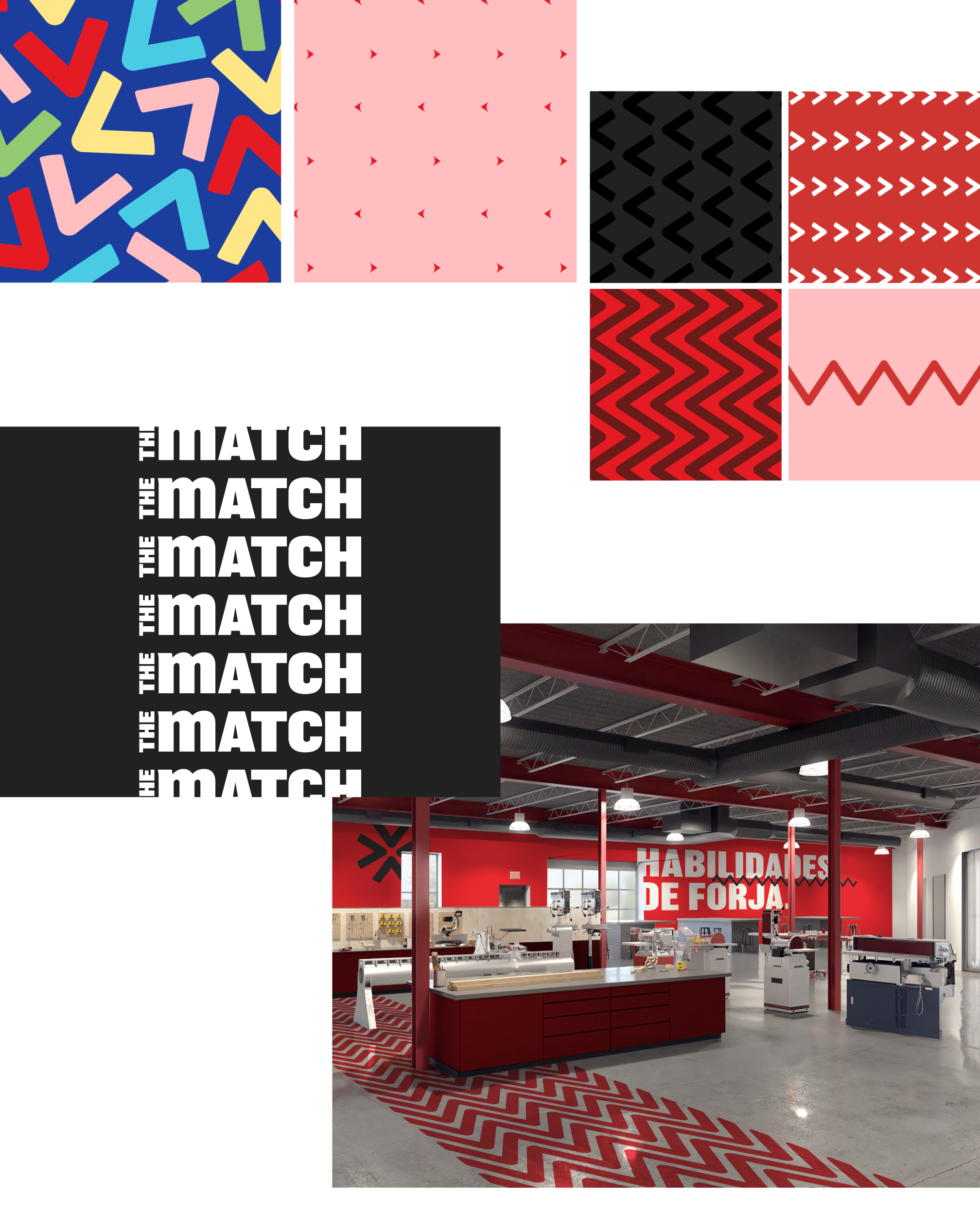 The Match environmental design concepts featuring wayfinding systems and physical space integration supporting career-focused education
