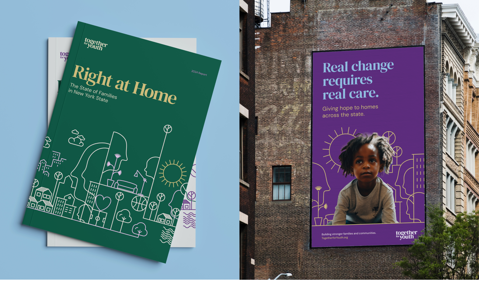 Together for Youth flexible visual identity system featuring warm color palettes and approachable iconography for traumatized families and government partners