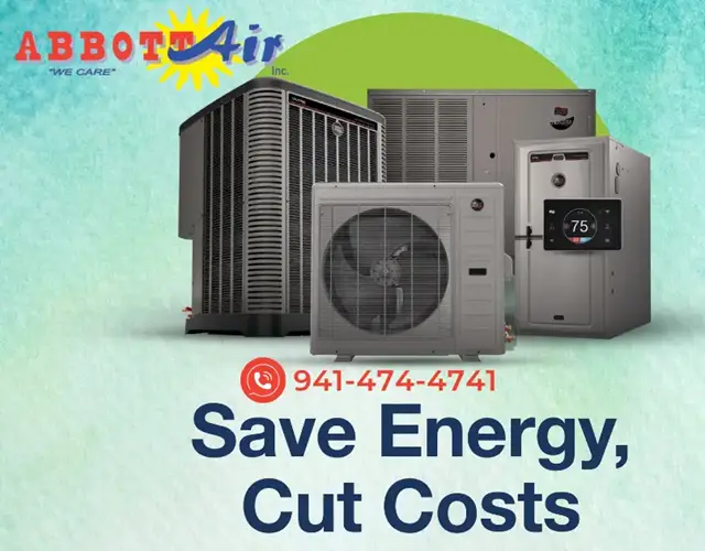 Advertisement for Abbott Air featuring air conditioning and heating units with text 'Save Energy, Cut Costs' and phone number 941-474-4741.