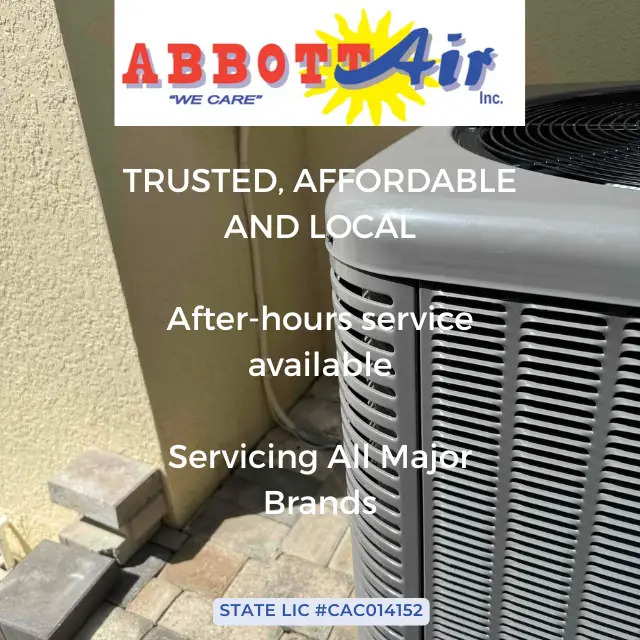 Air conditioning unit outdoors beside a building with overlay text promoting Abbott Air Inc. offering trusted, affordable, local, after-hours service, and servicing all major brands.
