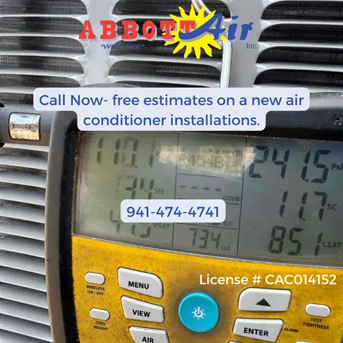 Digital gauge reading pressure and temperature for air conditioner with Abbott Air logo and contact info for free installation estimates.