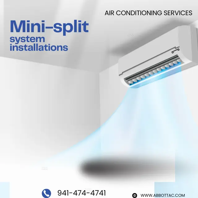 Wall-mounted mini-split air conditioner blowing cool air, with text about system installations and contact info.