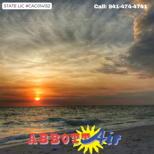 Manasota Key sunset over ocean waves with sandy beach and Abbott Air logo overlay.