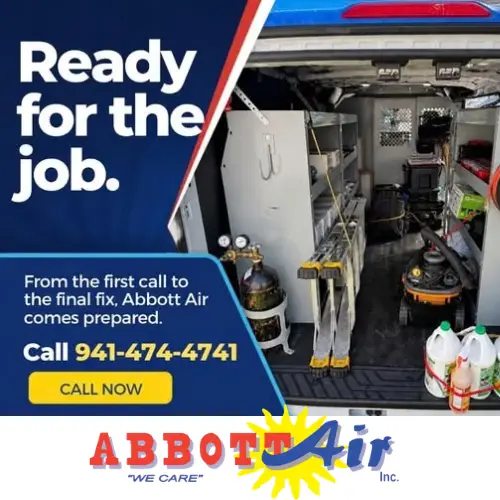 Advertisement for Abbott Air showing a service van interior with equipment including ladders, gas tanks, and cleaning supplies, alongside text stating 'Ready for the job' and contact information with a call to action to call 941-474-4741.