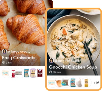 Two overlapping recipe cards, the back recipe is the influencer's Easy Croissants and the front showcases her Gnocchi Chicken Soup