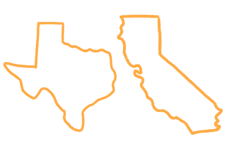 Outlined illustration of Texas and California