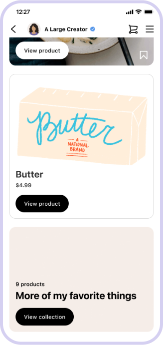 Image of a phone with a screenshot of the brand's product in a creator's Instagram shop