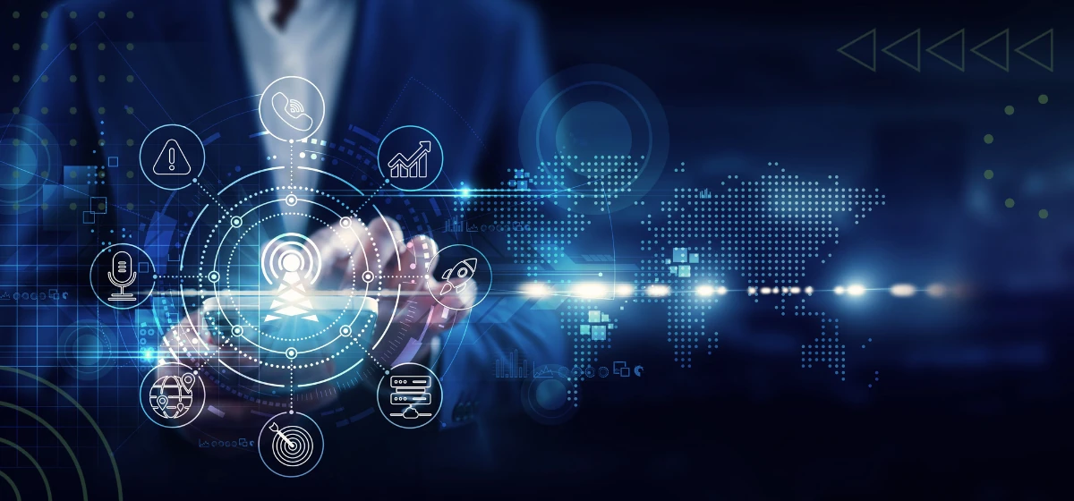 Network and telecommunications icons overlaid on a global technology background.