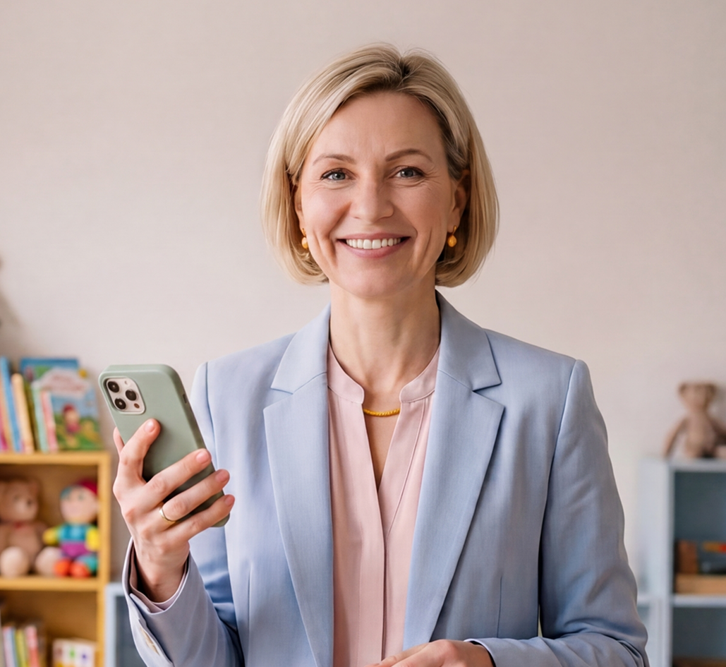 Uśmiechnięta kobieta z krótkimi blond włosami trzymająca smartfon, ubrana w jasnoniebieską marynarkę i różową bluzkę, na tle książek i zabawek.