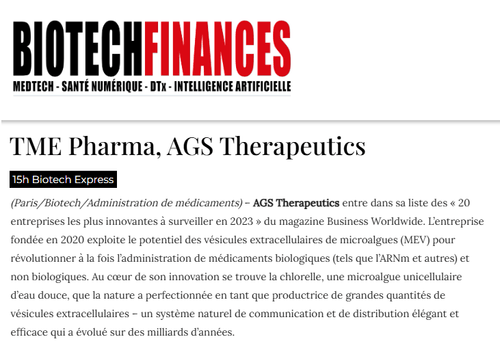 « 15h Biotech Express : TME Pharma, AGS Therapeutics », Paris, FR, Sept. 13, 2023.