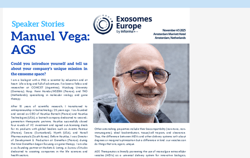 « Exosomes Europe Speaker Stories, Manuel Vega presents AGS Therapeutics », Amsterdam, NL, Nov. 3 2025.