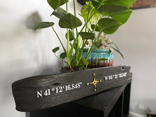 Forged One Two Rustic Reclaimed River Wood GPS Navigation sign showing the coordinates chosen by the client.