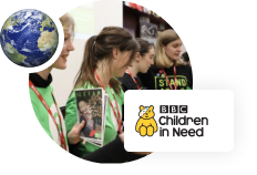 Image of of young people volunteering at a charity event with an image of a globe and the Children in Need logos overlaid.