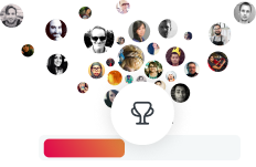 Image of many profile pictures surrounding a trophy icon with a progress bar below.