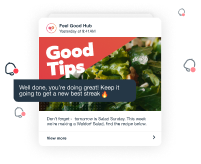 Image of a post from Feel Good Hub labelled "Good Tips" with a notification over the top. Notification reads: Well done, you're doing great! Keep it going to get a new best streak.