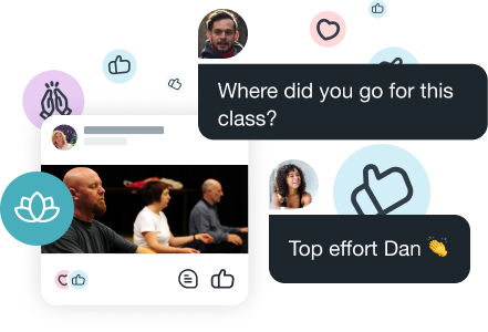 Image of a wellbeing post with supportive comments surrounding it. Comments read: "Top effort Dan" and "Where did you go for this class?"