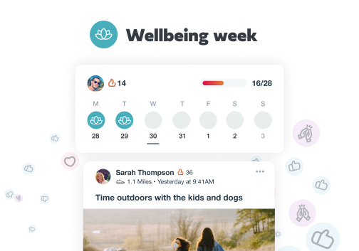 Image of a social post underneath an activity tracker UI element from the Feel Good Hub app.