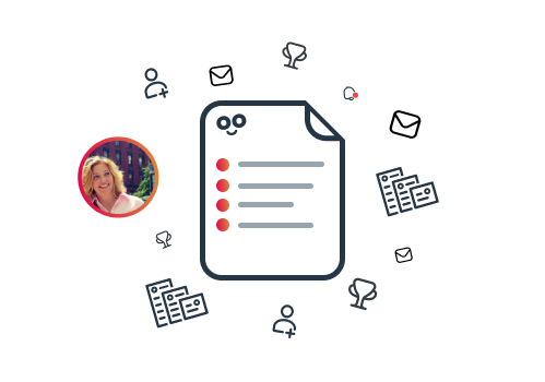 Graphic of a checklist surrounded by icons for email, business, challenges and notifications.