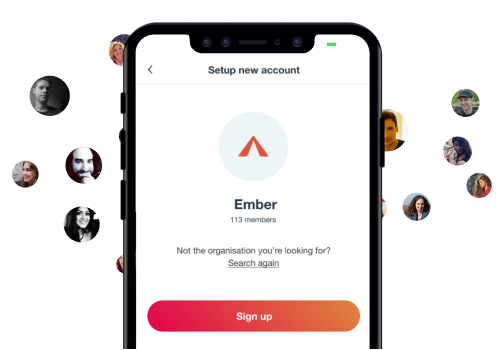 Image of the Feel Good Hub organisation code entry screen in-app surrounded by profile photos.