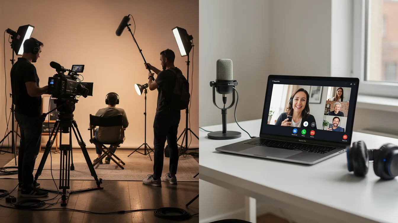 The image shows a split screen, with a film crew capturing footage on one side, while on the other side, a person records a video testimonial remotely via computer. This setup highlights the process of collecting video testimonials, showcasing authentic client stories that can drive real results for businesses.