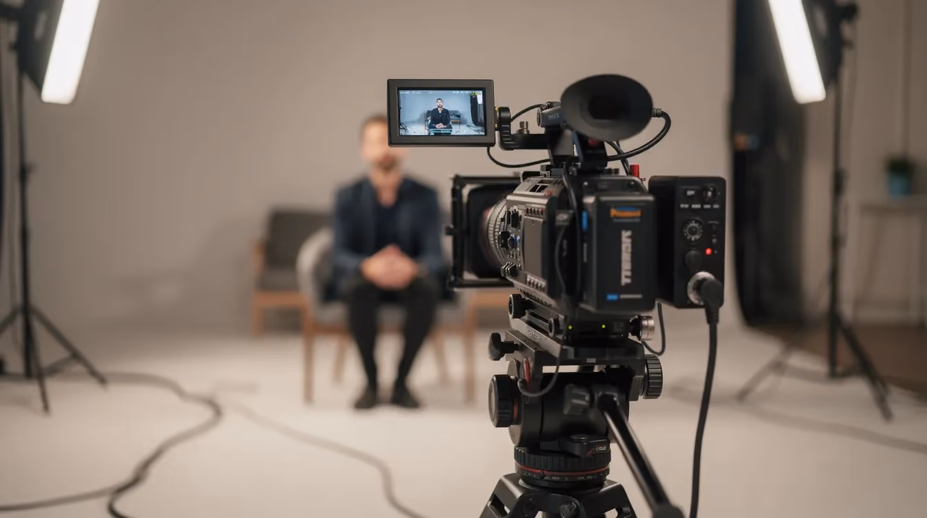 The image depicts a live filming setup for a video testimonial, showcasing the perspective from behind the camera, capturing the genuine emotions of a satisfied customer sharing their positive experience. This professional video testimonial production aims to collect authentic client stories that serve as powerful social proof for potential customers.