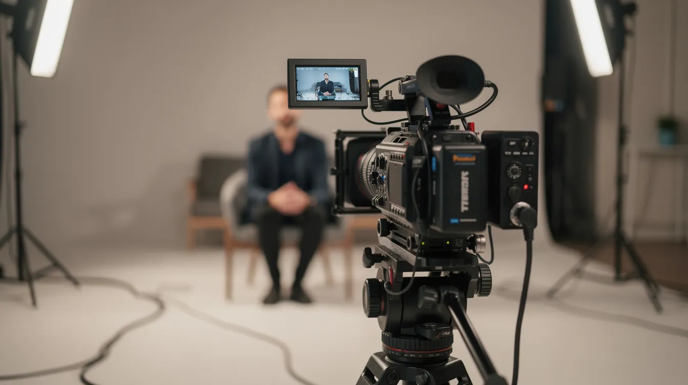 The image depicts a live filming setup for a video testimonial, showcasing the perspective from behind the camera, capturing the genuine emotions of a satisfied customer sharing their positive experience. This professional video testimonial production aims to collect authentic client stories that serve as powerful social proof for potential customers.