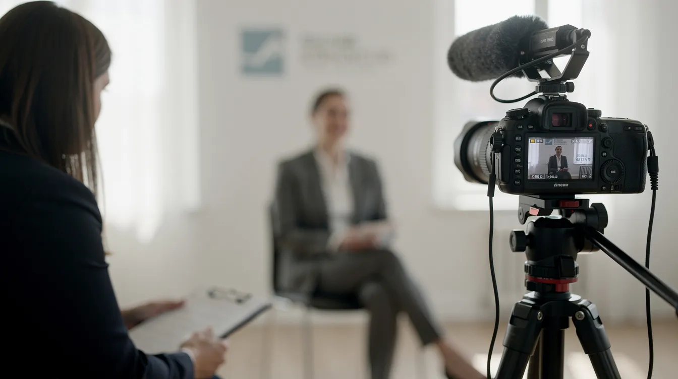 The image shows a person interviewing another individual on camera, capturing a video testimonial that highlights customer satisfaction and the effectiveness of a product or service. This setup aims to provide potential customers with social proof through detailed responses and personal experiences shared by satisfied clients.