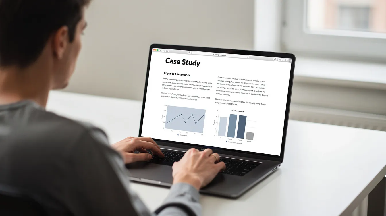 A person is focused on their laptop screen, which displays a detailed case study showcasing the tangible benefits and measurable outcomes experienced by satisfied customers. This digital content highlights real-life examples and testimonials that demonstrate the effectiveness of a marketing strategy, aimed at potential customers in the consideration stage of their buying process.