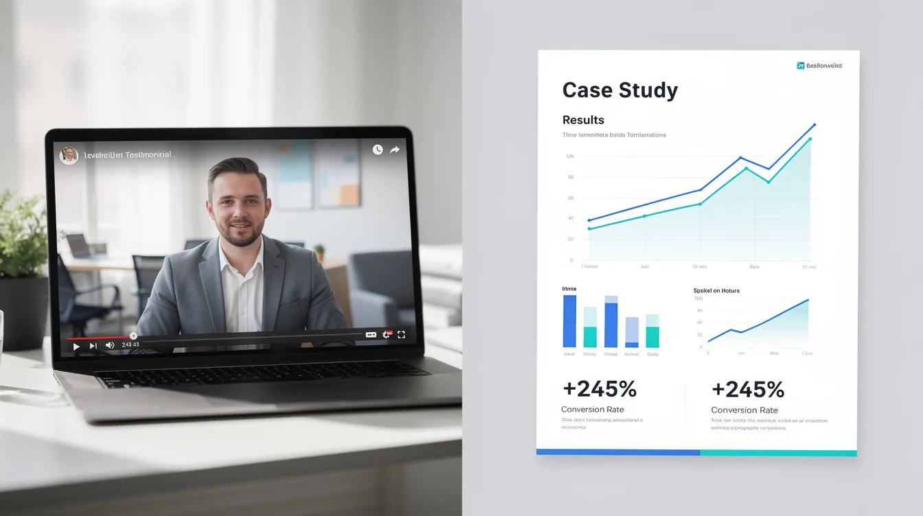 The image features a split screen: on one side, a satisfied customer shares a video testimonial about their positive experience with a product or service, while on the other side, a digital case study displays graph metrics showcasing measurable outcomes and tangible benefits related to the service. This visual representation emphasizes the effectiveness of testimonials and case studies in building trust and guiding potential customers through the buying process.