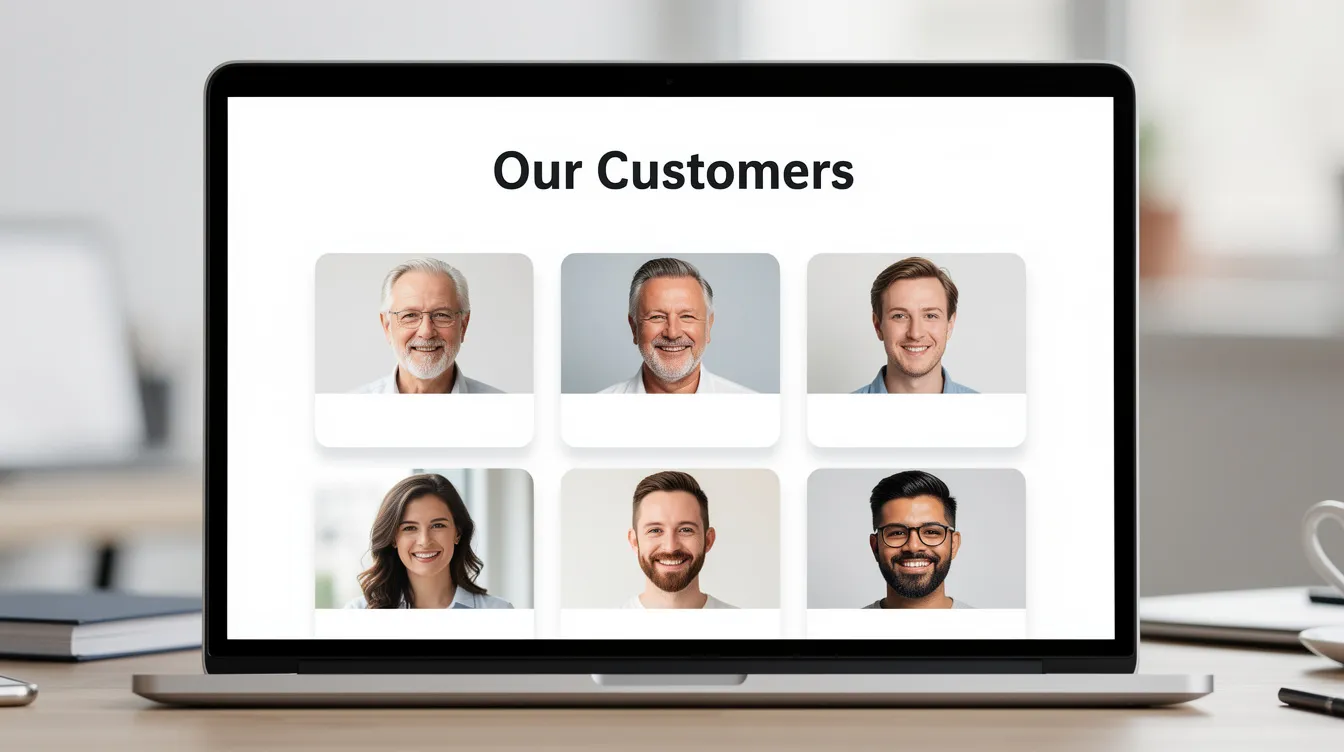 The image depicts a screen showcasing a layout of various people who appear to be satisfied customers, with the phrase "Our Customers" prominently displayed at the top, mimicking a customer testimonial webpage. This design highlights the importance of customer stories and feedback in building credibility for businesses.