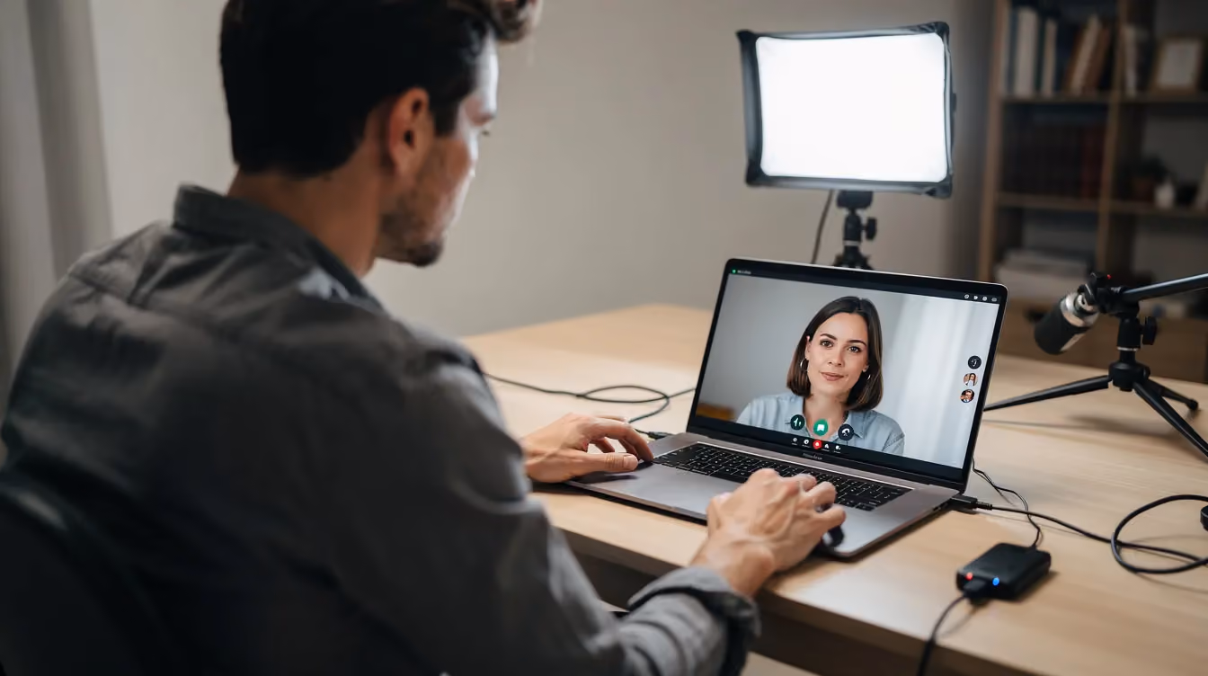 The image shows a person recording a remote interview on their laptop, illuminated by a professional light, creating high-quality video testimonials. This setup allows them to feel confident while capturing authentic customer stories that can drive sales and showcase testimonials on their company's website.