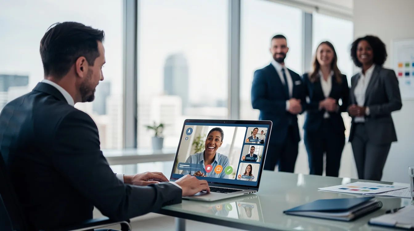 The image depicts a professional setting where an individual is utilizing an employee testimonial video to attract top talent, showcasing the company's positive culture and commitment to career growth. The scene emphasizes the importance of authentic employee stories in the hiring process to engage prospective candidates.